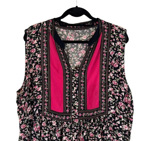 Rose Floral Pattern Tunic Sleeveless Colorblock Hot Pink Green Black White Flowy - Picture 3 of 4